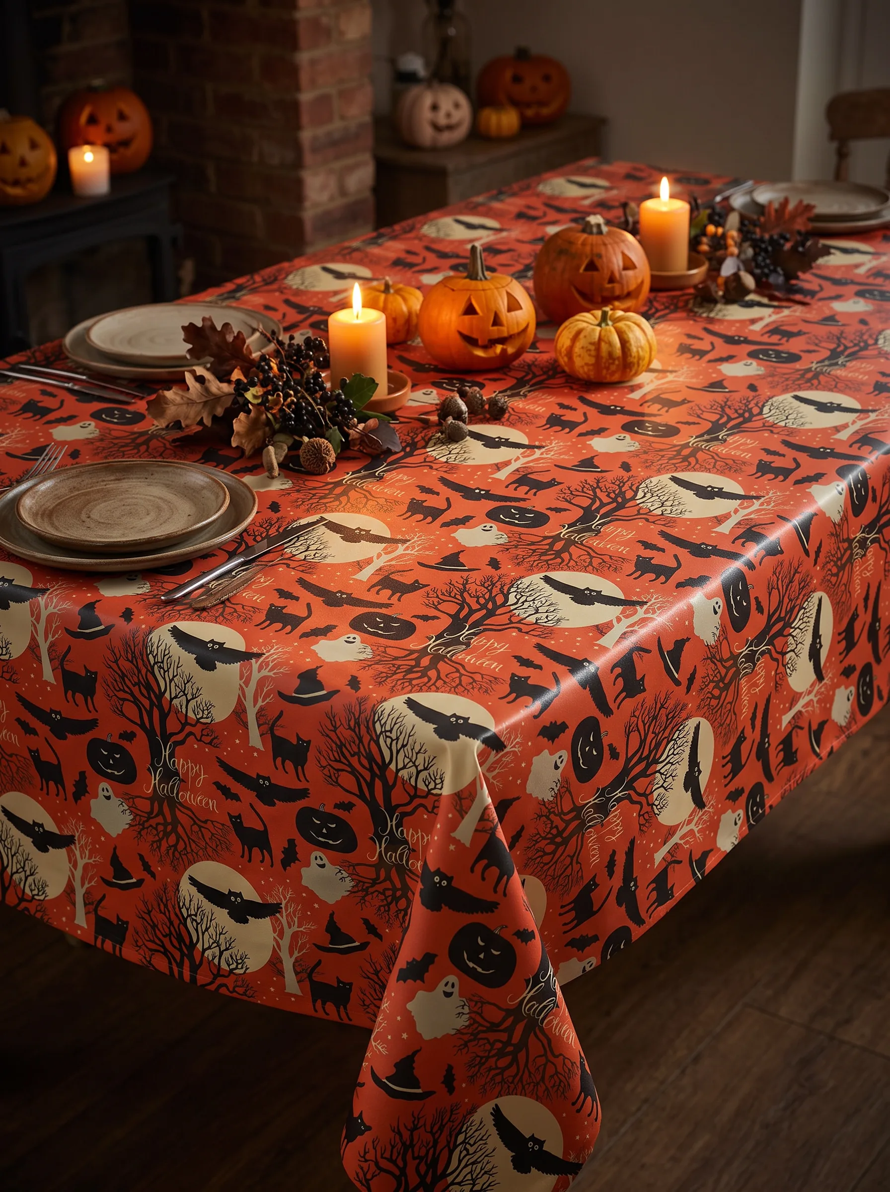 Toile cirée Happy Halloween – motif festif chats noirs, citrouilles et fantômes sur fond rouge orangé, largeur 140 cm