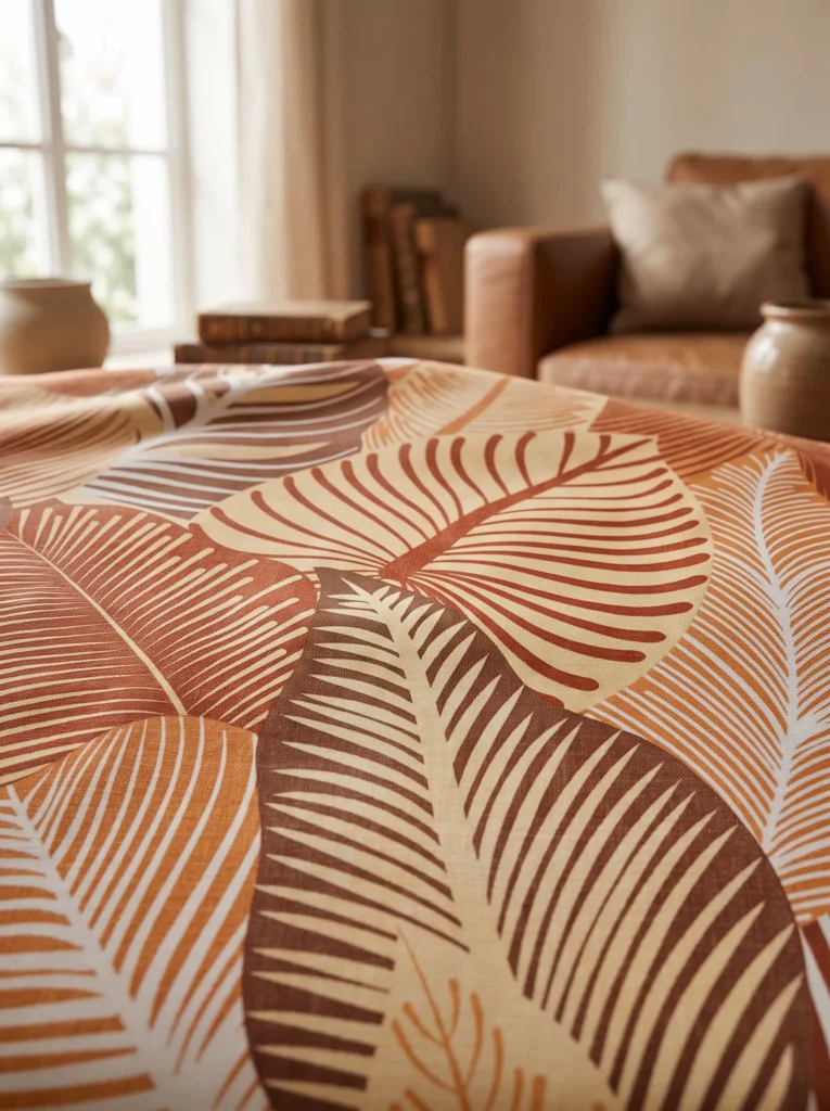 Toile cirée molletonné Mano Terracotta – grand feuillage tropical en tons terracotta et caramel, OEKO-TEX®, largeur 140 cm