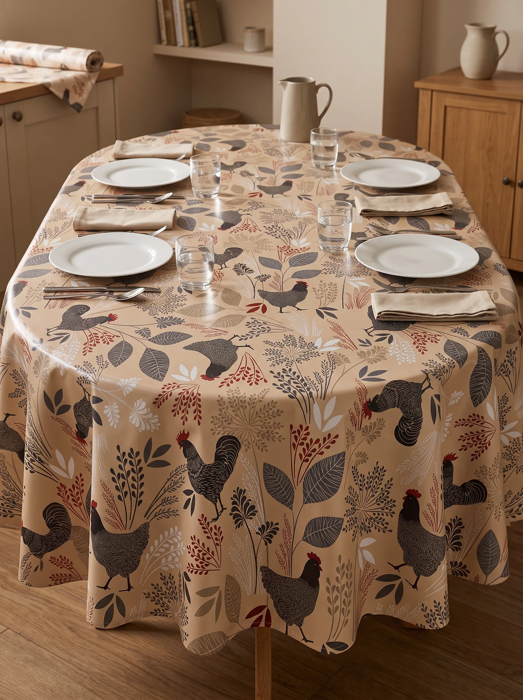 Toile cirée déco Cotcot beige sur table ovale dressée – motif coqs et poules graphiques gris anthracite et rouge bordeaux sur fond beige sable, ambiance cuisine campagne chic
