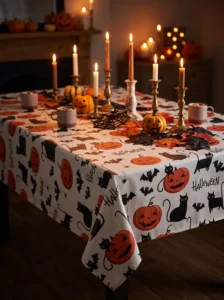 Toile cirée Halloween – motif citrouilles orange, chats noirs et chauve-souris sur fond blanc, largeur 140 cm