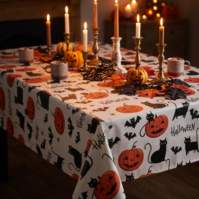 Toile cirée Halloween – motif citrouilles orange, chats noirs et chauve-souris sur fond blanc, largeur 140 cm