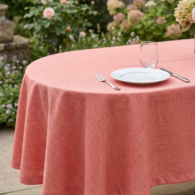 Nappe polyester sur mesure Aubade terracotta drapée sur table – rendu chaleureux et estival