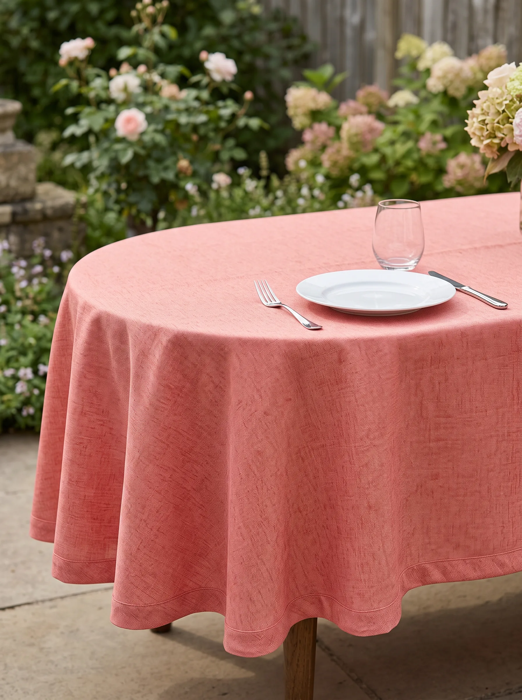 Nappe polyester sur mesure Aubade terracotta drapée sur table – rendu chaleureux et estival