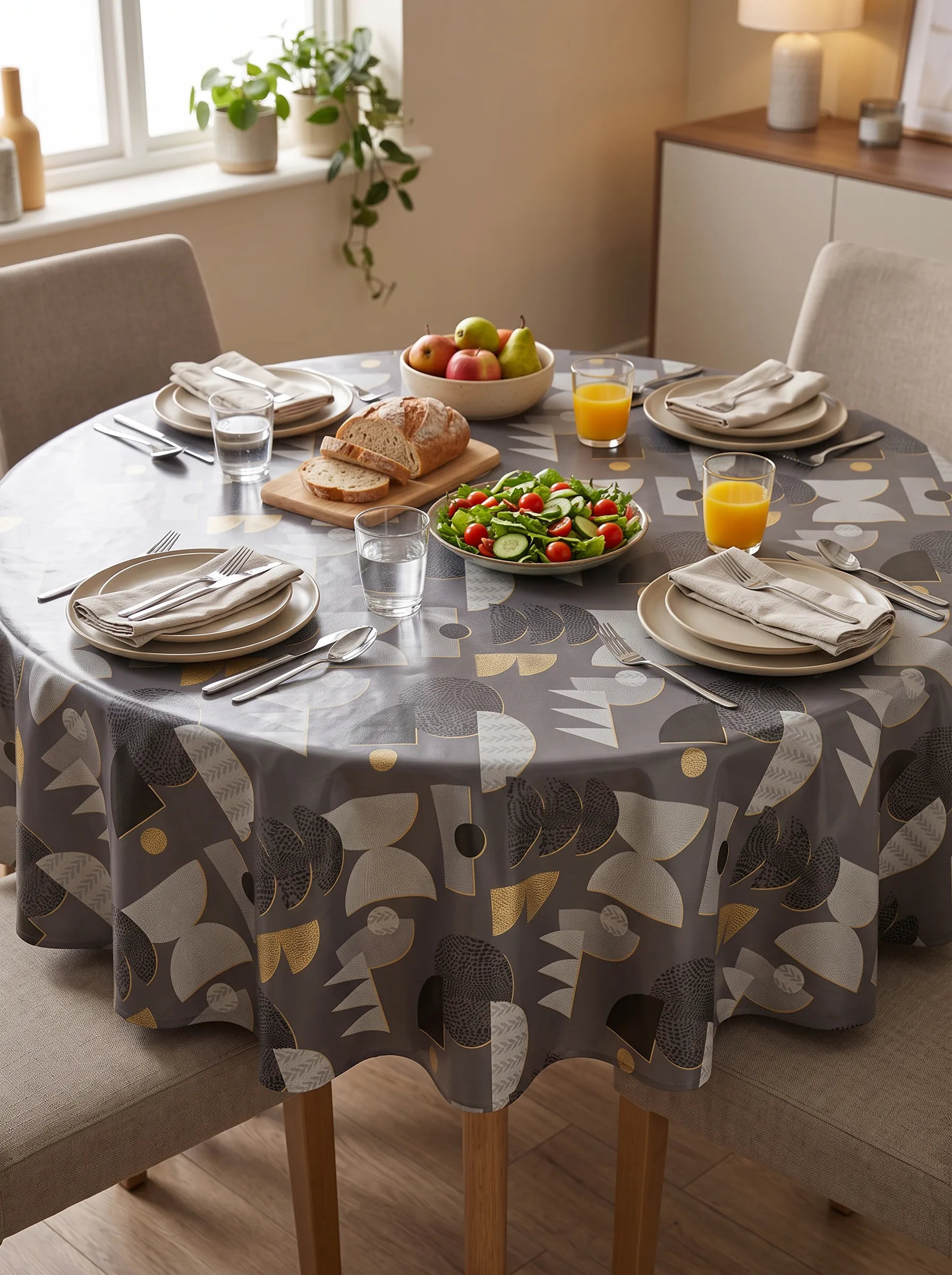 Toile cirée molletonné Ribe Or – motif géométrique graphique en gris ardoise et touches dorées, OEKO-TEX®, largeur 140 cm