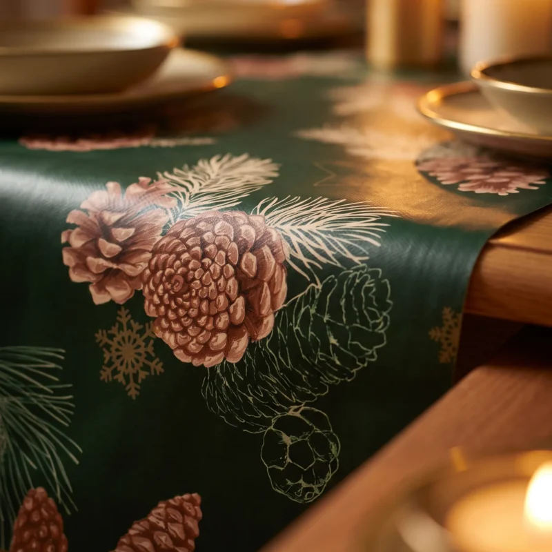Gros plan sur la toile cirée déco Pomme de Pin – motif pommes de pin terracotta et branchages dorés sur fond vert sapin, ambiance bougies
