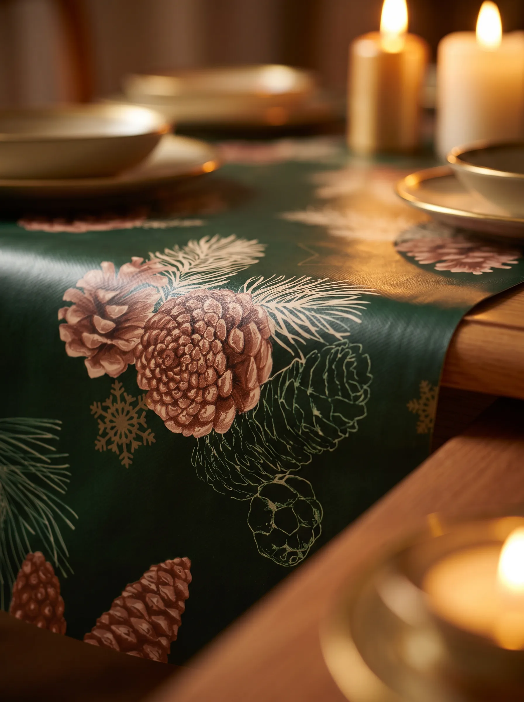 Gros plan sur la toile cirée déco Pomme de Pin – motif pommes de pin terracotta et branchages dorés sur fond vert sapin, ambiance bougies