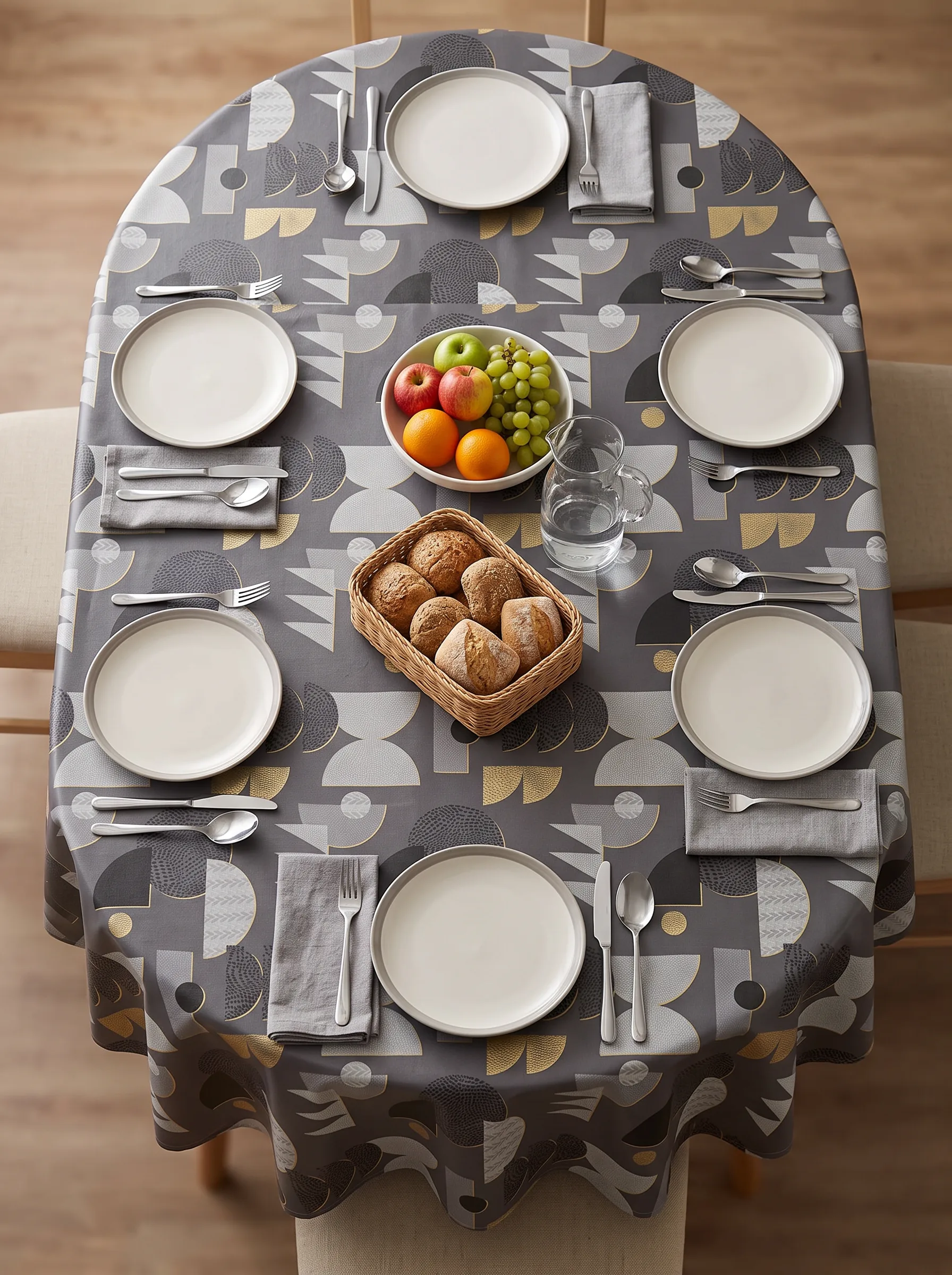 Toile cirée molletonné Ribe Or – motif géométrique graphique en gris ardoise et touches dorées, OEKO-TEX®, largeur 140 cm