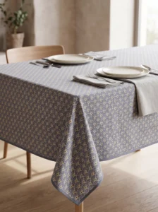 Nappe polyester sur mesure Manon gris – motif éventail art déco gris et doré