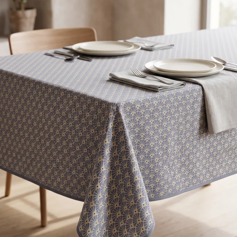 Nappe polyester sur mesure Manon gris – motif éventail art déco gris et doré