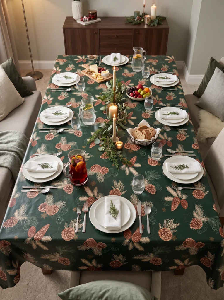 Toile cirée déco Pomme de Pin sur grande table rectangulaire dressée vue du dessus – motif all-over vert sapin, vaisselle blanche et guirlande végétale centrale
