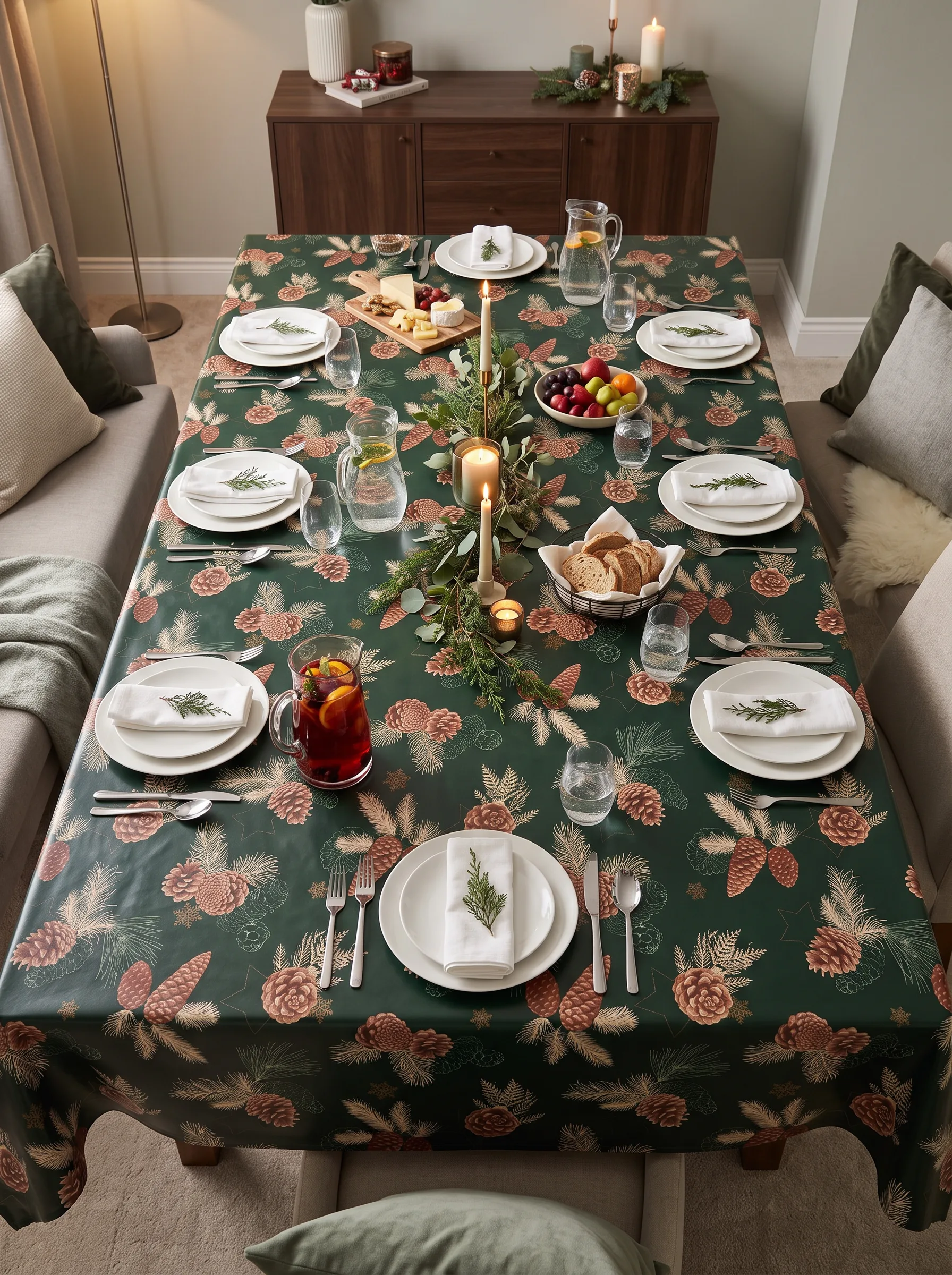 Toile cirée déco Pomme de Pin sur grande table rectangulaire dressée vue du dessus – motif all-over vert sapin, vaisselle blanche et guirlande végétale centrale