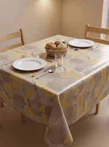 Toile cirée molletonné Graphique Jaune – motif géométrique arrondi en jaune miel, beige et gris, OEKO-TEX®, largeur 140 cm