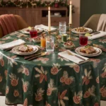 Toile cirée déco Pomme de Pin sur table ronde dressée pour Noël – motif pommes de pin vert sapin, couverts dorés et bougies blanches