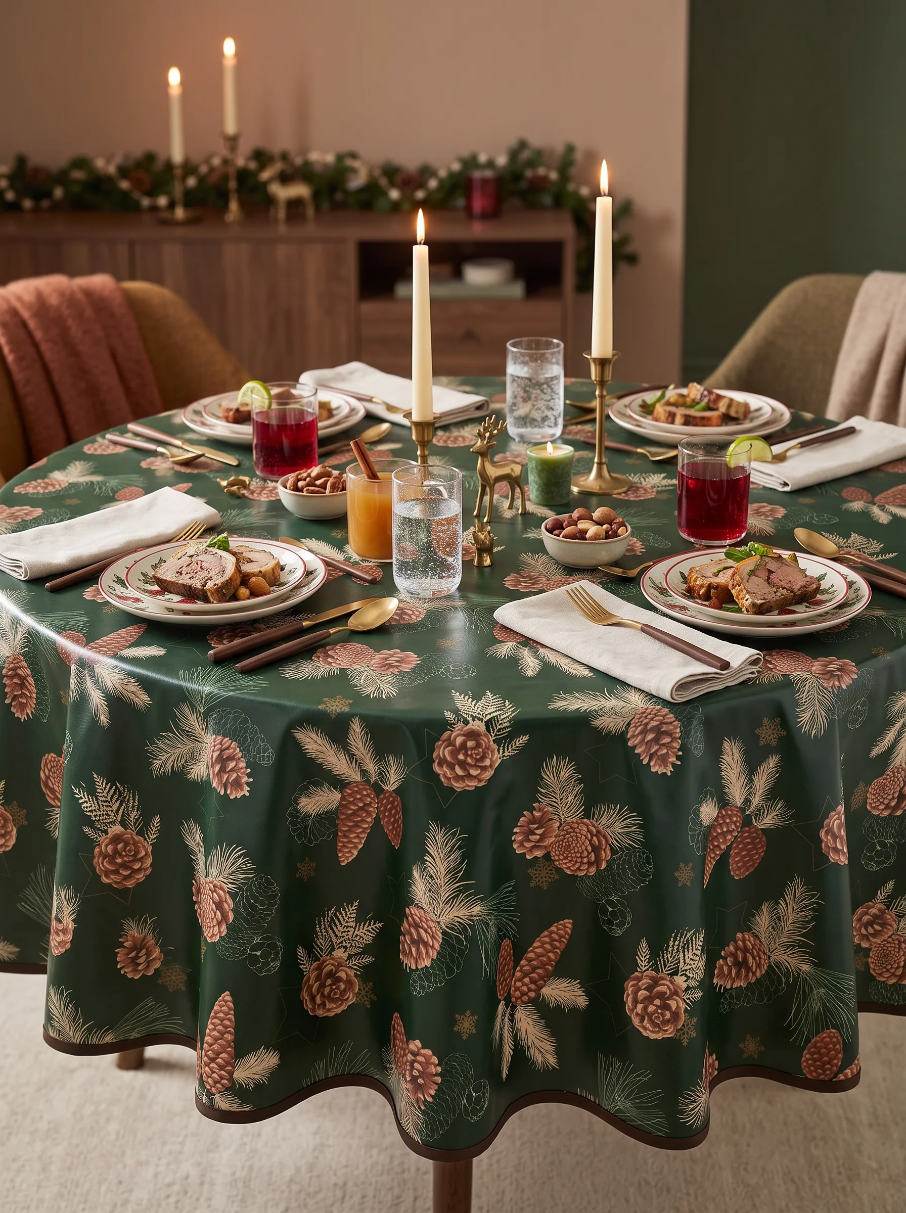 Toile cirée déco Pomme de Pin sur table ronde dressée pour Noël – motif pommes de pin vert sapin, couverts dorés et bougies blanches