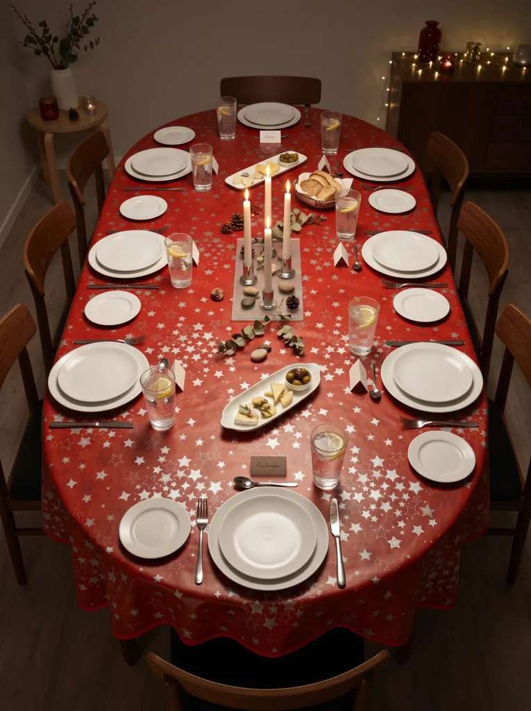 Toile cirée déco Étoile Argentée sur grande table ovale dressée pour dix – motif étoiles argentées all-over fond rouge vif, bougies piliers, plateau de fromages, marque-places et guirlande lumineuse en arrière-plan, ambiance réveillon tamisé