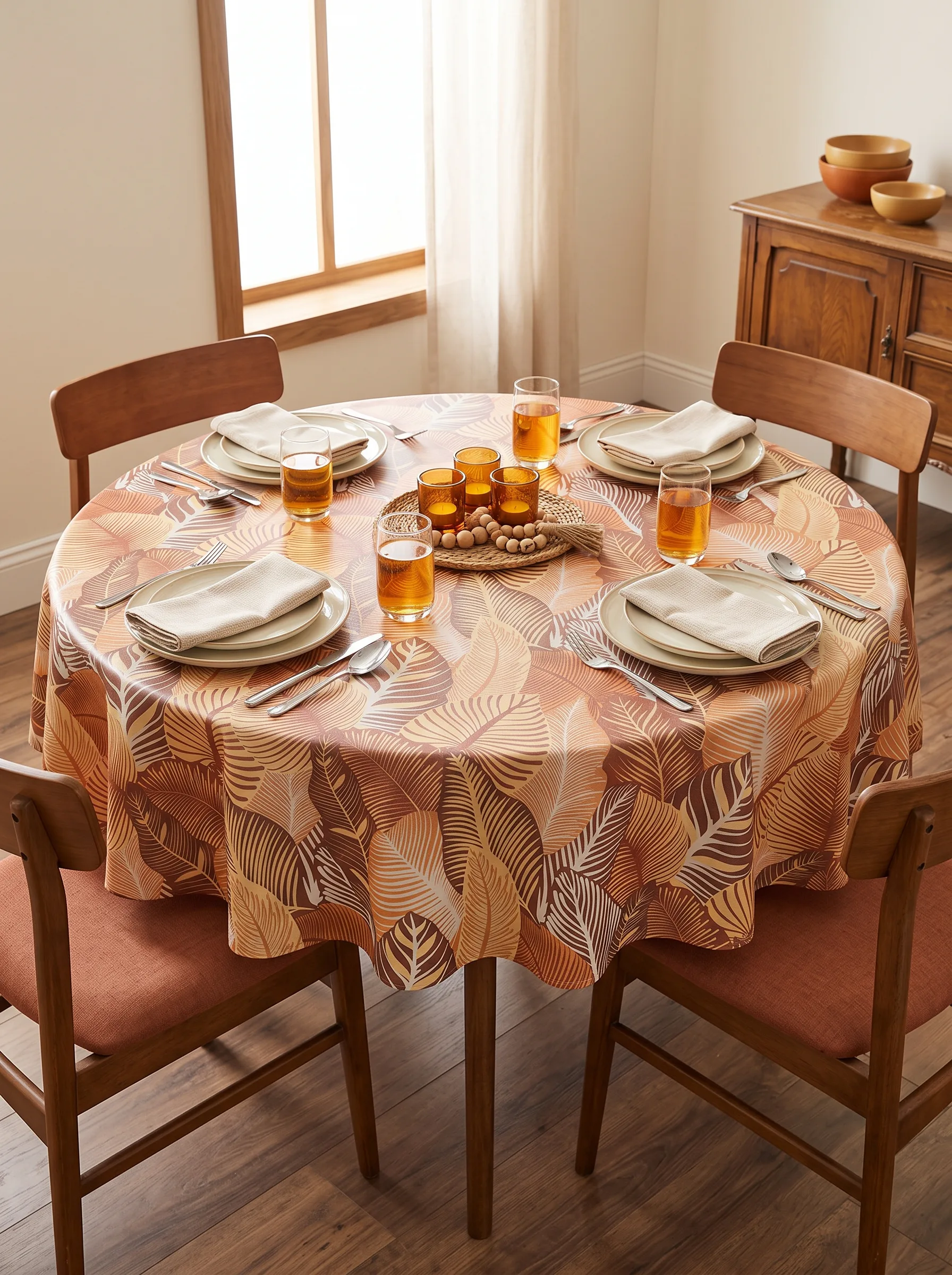 Toile cirée molletonné Mano Terracotta – grand feuillage tropical en tons terracotta et caramel, OEKO-TEX®, largeur 140 cm