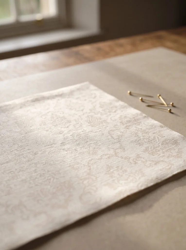 Toile cirée molletonné Chateaubry – motif damassé floral en ivoire et beige, OEKO-TEX®, largeur 140 cm