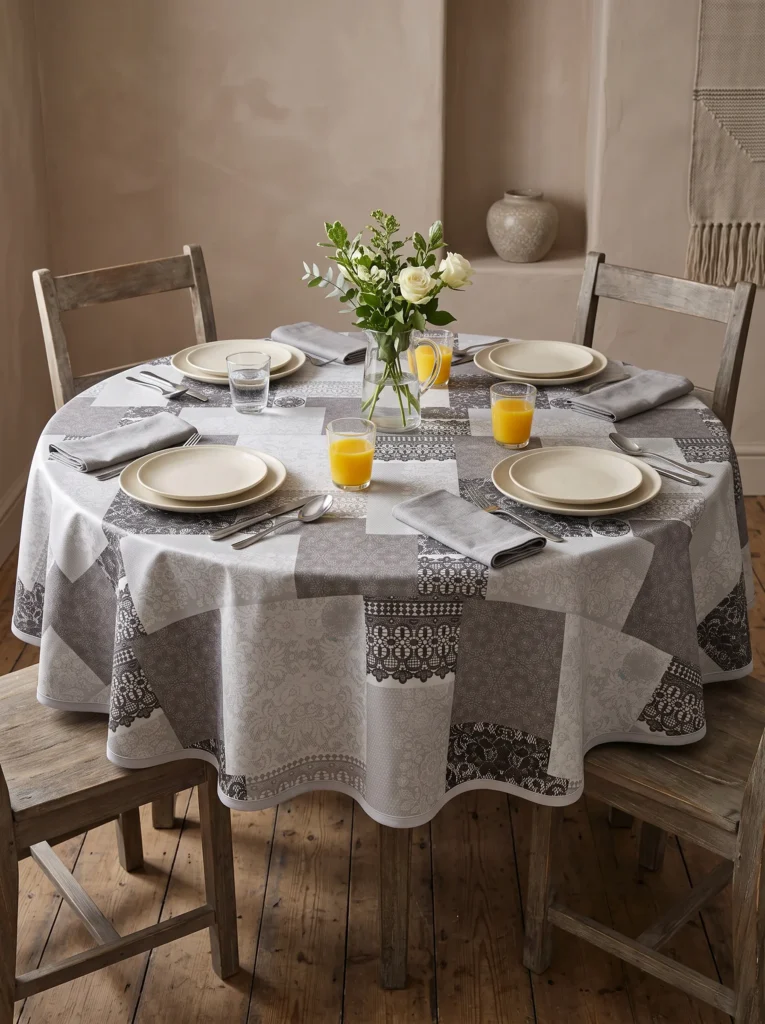 Toile cirée molletonné Dentelière gris sur table ronde dressée vue du dessus – motif patchwork dentelle et broderie gris anthracite et blanc