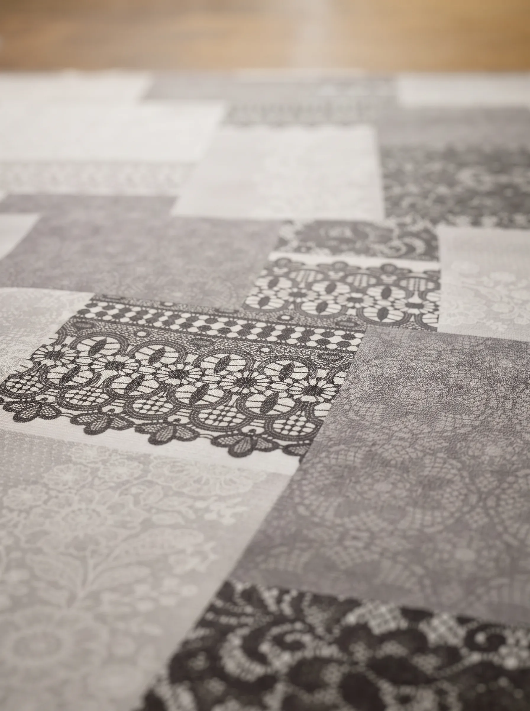 Détail du motif patchwork dentelle et broderie gris anthracite et blanc sur fond gris perle – toile cirée molletonné Dentelière gris