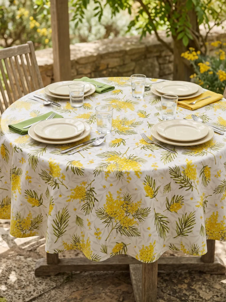 Toile cirée déco Mimosa blanc sur table ronde dressée en terrasse – grappes de mimosa jaune doré et feuillages verts sur fond blanc, ambiance déjeuner en plein air